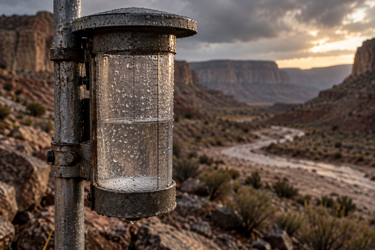 Illustrative close-up of a canyon rain gauge