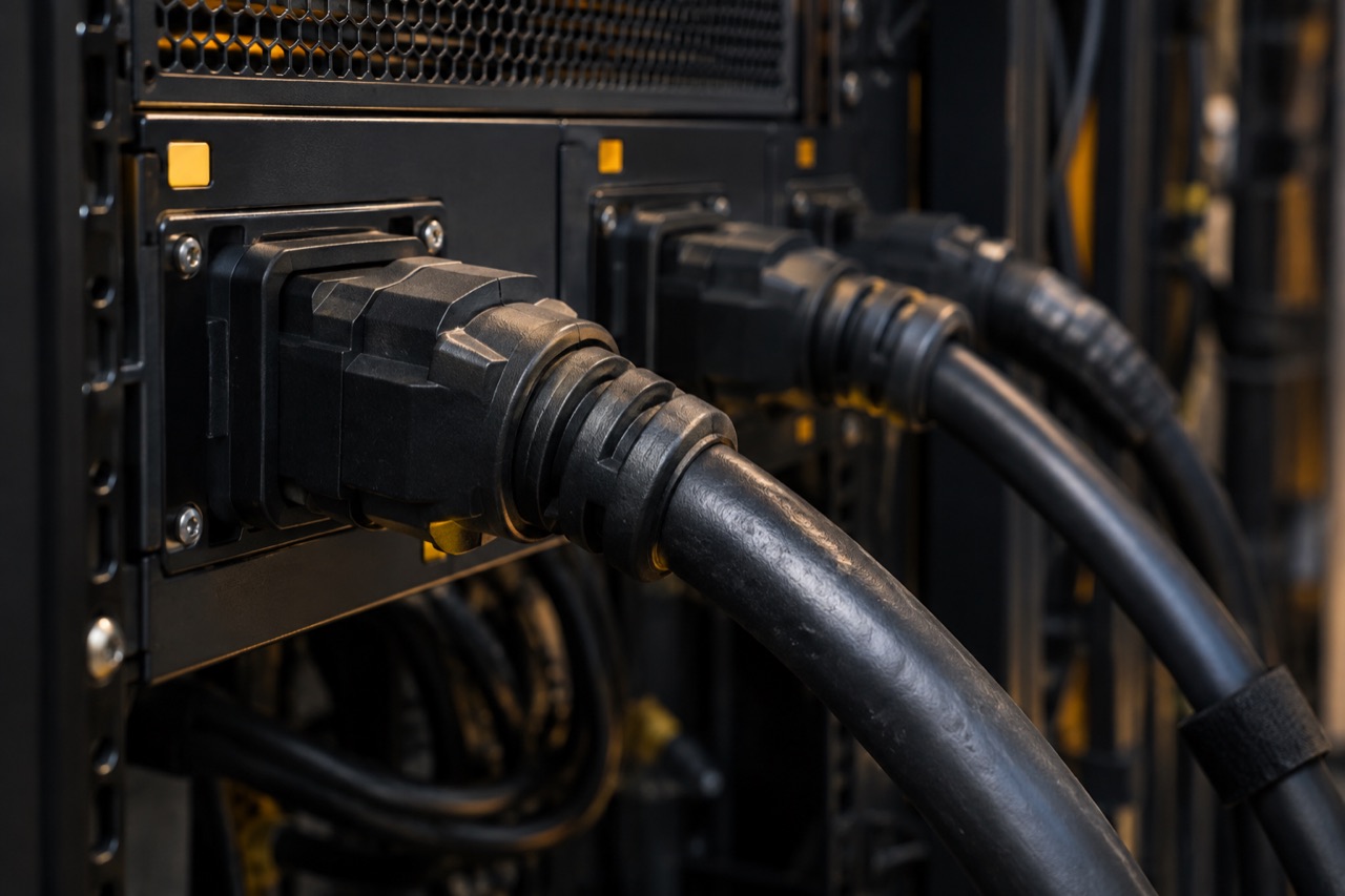 Illustrative close-up of data-center electrical hardware